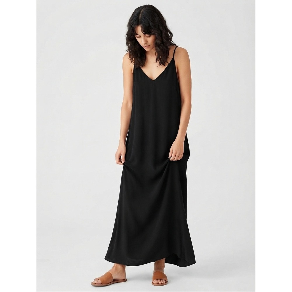 Zara Flowy Spaghetti Strap Maxi Dress V-Neck Minimalist Summer Black Medium